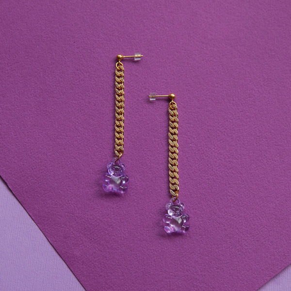 Crystal Clear Gummy Bear Earrings (Purple)